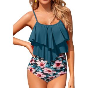 imageHolipick High Waisted Tankini Swimsuits for Women Ruffle Tops with Tummy Control Bottom Two Piece Bathing SuitTeal Flower