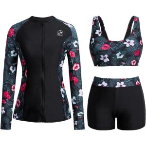 imageHolipick Long Sleeve Swimsuits for Women  3 Piece Rash Guard with Shorts Zipper SPF Swim Shirt with Built in BraBlack Floral