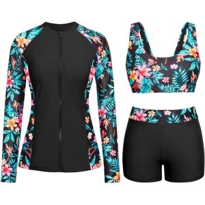 imageHolipick Long Sleeve Swimsuits for Women  3 Piece Rash Guard with Shorts Zipper SPF Swim Shirt with Built in BraBlue Floral