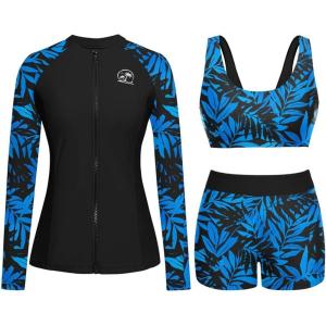 imageHolipick Long Sleeve Swimsuits for Women  3 Piece Rash Guard with Shorts Zipper SPF Swim Shirt with Built in BraBlue Leaves