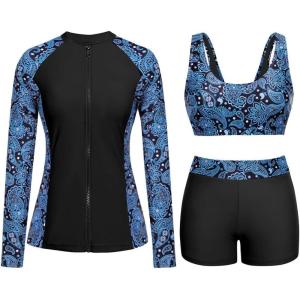 imageHolipick Long Sleeve Swimsuits for Women  3 Piece Rash Guard with Shorts Zipper SPF Swim Shirt with Built in BraBlue Paisley