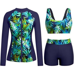 imageHolipick Long Sleeve Swimsuits for Women  3 Piece Rash Guard with Shorts Zipper SPF Swim Shirt with Built in BraBlue and Green Leaves
