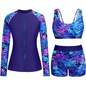 imageHolipick Long Sleeve Swimsuits for Women  3 Piece Rash Guard with Shorts Zipper SPF Swim Shirt with Built in BraBlue and Purple Leaves