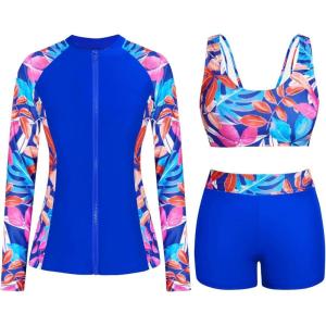 imageHolipick Long Sleeve Swimsuits for Women  3 Piece Rash Guard with Shorts Zipper SPF Swim Shirt with Built in BraColorful Leaves
