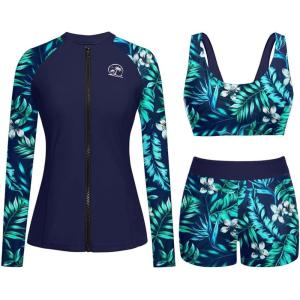 imageHolipick Long Sleeve Swimsuits for Women  3 Piece Rash Guard with Shorts Zipper SPF Swim Shirt with Built in BraGreen Leaves