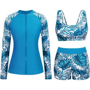 imageHolipick Long Sleeve Swimsuits for Women  3 Piece Rash Guard with Shorts Zipper SPF Swim Shirt with Built in BraLight Blue Leaves
