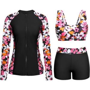 imageHolipick Long Sleeve Swimsuits for Women  3 Piece Rash Guard with Shorts Zipper SPF Swim Shirt with Built in BraPink Floral