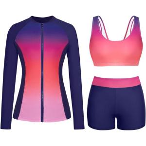imageHolipick Long Sleeve Swimsuits for Women  3 Piece Rash Guard with Shorts Zipper SPF Swim Shirt with Built in BraPink Gradient
