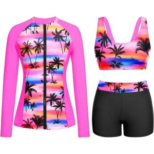 imageHolipick Long Sleeve Swimsuits for Women  3 Piece Rash Guard with Shorts Zipper SPF Swim Shirt with Built in BraPink Palm Tree