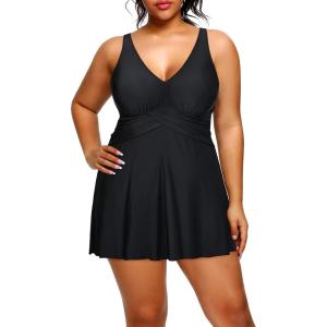 imageHolipick Plus Size Swim Dress Women  One Piece Swimsuit with Skirt V Neck Tummy Control Bathing SuitBlack