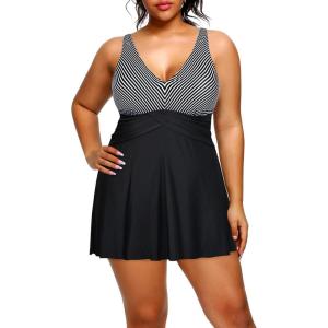 imageHolipick Plus Size Swim Dress Women  One Piece Swimsuit with Skirt V Neck Tummy Control Bathing SuitBlack Stripe