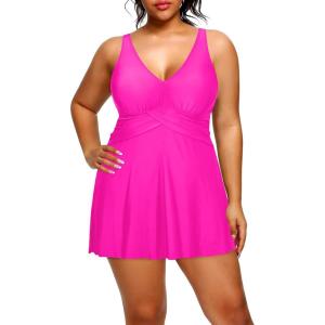 imageHolipick Plus Size Swim Dress Women  One Piece Swimsuit with Skirt V Neck Tummy Control Bathing SuitHot Pink