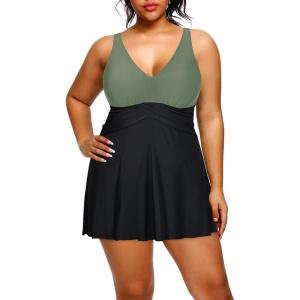 imageHolipick Plus Size Swim Dress Women  One Piece Swimsuit with Skirt V Neck Tummy Control Bathing SuitOlive Green and Black