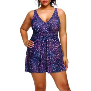 imageHolipick Plus Size Swim Dress Women  One Piece Swimsuit with Skirt V Neck Tummy Control Bathing SuitStar Whole Sky