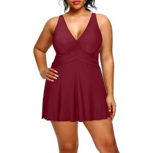 imageHolipick Plus Size Swim Dress Women  One Piece Swimsuit with Skirt V Neck Tummy Control Bathing SuitWine Red