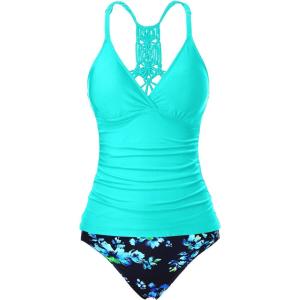 imageHolipick Tummy Control Two Piece Tankini Set Swimsuits for Women V Neck Tankini Top Bathing Suits with Swim BottomAqua and Blue Flower
