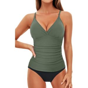 imageHolipick Tummy Control Two Piece Tankini Set Swimsuits for Women V Neck Tankini Top Bathing Suits with Swim BottomArmy Green