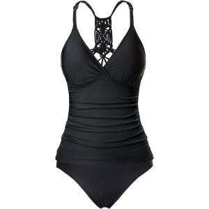 imageHolipick Tummy Control Two Piece Tankini Set Swimsuits for Women V Neck Tankini Top Bathing Suits with Swim BottomBlack