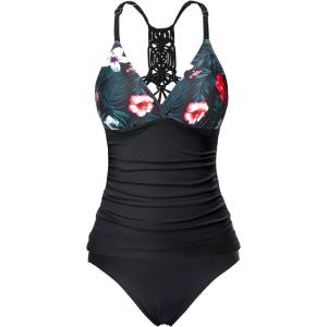 imageHolipick Tummy Control Two Piece Tankini Set Swimsuits for Women V Neck Tankini Top Bathing Suits with Swim BottomBlack Flower