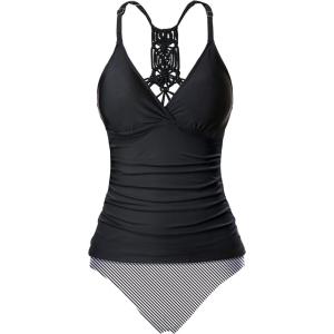 imageHolipick Tummy Control Two Piece Tankini Set Swimsuits for Women V Neck Tankini Top Bathing Suits with Swim BottomBlack Striped