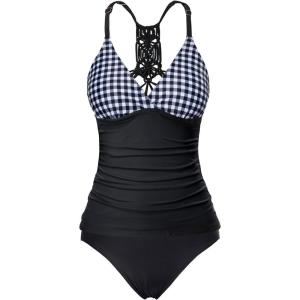 imageHolipick Tummy Control Two Piece Tankini Set Swimsuits for Women V Neck Tankini Top Bathing Suits with Swim BottomBlack and White Plaid