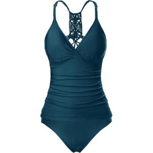 imageHolipick Tummy Control Two Piece Tankini Set Swimsuits for Women V Neck Tankini Top Bathing Suits with Swim BottomBlue