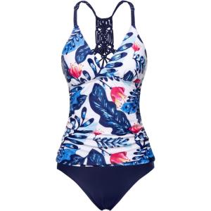 imageHolipick Tummy Control Two Piece Tankini Set Swimsuits for Women V Neck Tankini Top Bathing Suits with Swim BottomBlue Floral