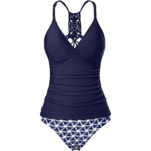 imageHolipick Tummy Control Two Piece Tankini Set Swimsuits for Women V Neck Tankini Top Bathing Suits with Swim BottomBlue Geometric