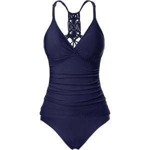 imageHolipick Tummy Control Two Piece Tankini Set Swimsuits for Women V Neck Tankini Top Bathing Suits with Swim BottomNavy Blue