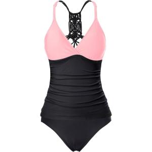 imageHolipick Tummy Control Two Piece Tankini Set Swimsuits for Women V Neck Tankini Top Bathing Suits with Swim BottomPink and Black