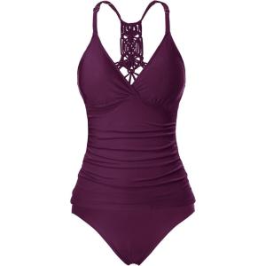 imageHolipick Tummy Control Two Piece Tankini Set Swimsuits for Women V Neck Tankini Top Bathing Suits with Swim BottomPurple