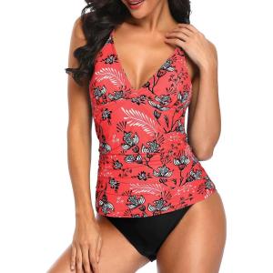 imageHolipick Tummy Control Two Piece Tankini Set Swimsuits for Women V Neck Tankini Top Bathing Suits with Swim BottomRed Floral