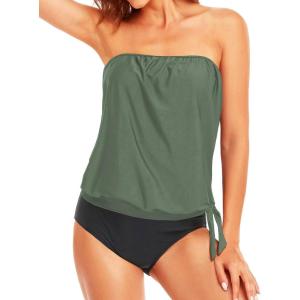 imageHolipick Two Piece Bathing Suit Strapless Tankini Swimsuits for Women Bandeau Swimsuits Blouson Tankini Tops with BottomArmy Green