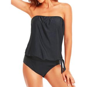 imageHolipick Two Piece Bathing Suit Strapless Tankini Swimsuits for Women Bandeau Swimsuits Blouson Tankini Tops with BottomBlack