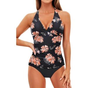 imageHolipick Two Piece Tankini Bathing Suits for Women Tummy Control Swimsuits Sexy V Neck Halter Tankini Top with Bikini BottomBlack Flower