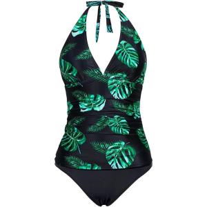 imageHolipick Two Piece Tankini Bathing Suits for Women Tummy Control Swimsuits Sexy V Neck Halter Tankini Top with Bikini BottomBlack Green Leaf