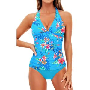 imageHolipick Two Piece Tankini Bathing Suits for Women Tummy Control Swimsuits Sexy V Neck Halter Tankini Top with Bikini BottomBlue With Pink Floral