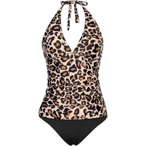 imageHolipick Two Piece Tankini Bathing Suits for Women Tummy Control Swimsuits Sexy V Neck Halter Tankini Top with Bikini BottomLeopard