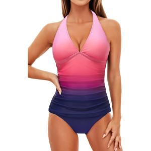 imageHolipick Two Piece Tankini Bathing Suits for Women Tummy Control Swimsuits Sexy V Neck Halter Tankini Top with Bikini BottomPink Gradient
