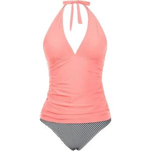 imageHolipick Two Piece Tankini Bathing Suits for Women Tummy Control Swimsuits Sexy V Neck Halter Tankini Top with Bikini BottomPink Striped
