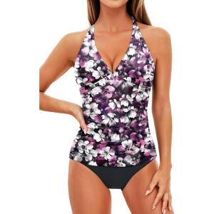 imageHolipick Two Piece Tankini Bathing Suits for Women Tummy Control Swimsuits Sexy V Neck Halter Tankini Top with Bikini BottomPurple Floral