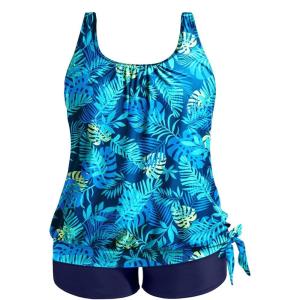 imageHolipick Women Plus Size Swimsuit Tummy Control Tankini Two Piece Bathing Suits Blouson Top with Boy ShortsBlue Leaves Wide Straps