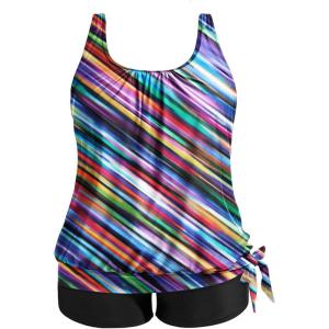 imageHolipick Women Plus Size Swimsuit Tummy Control Tankini Two Piece Bathing Suits Blouson Top with Boy ShortsColor Oblique Stripe Wide Straps