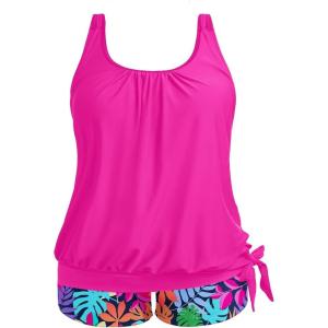 imageHolipick Women Plus Size Swimsuit Tummy Control Tankini Two Piece Bathing Suits Blouson Top with Boy ShortsColorful Leaves Wide Straps