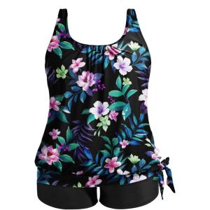 imageHolipick Women Plus Size Swimsuit Tummy Control Tankini Two Piece Bathing Suits Blouson Top with Boy ShortsFloral Wide Straps