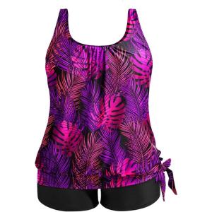 imageHolipick Women Plus Size Swimsuit Tummy Control Tankini Two Piece Bathing Suits Blouson Top with Boy ShortsPurple Leaf