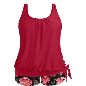 imageHolipick Women Plus Size Swimsuit Tummy Control Tankini Two Piece Bathing Suits Blouson Top with Boy ShortsRed Floral Wide Straps