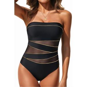 imageHolipick Women Strapless Bandeau One Piece Swimsuits Sexy Mesh Cutout Bathing Suits Tummy Control SwimwearBlack With Gold