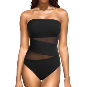 imageHolipick Women Strapless One Piece Swimsuit Tummy Control Bandeau Bathing Suit Mesh Cutout SwimwearBlack With Mesh