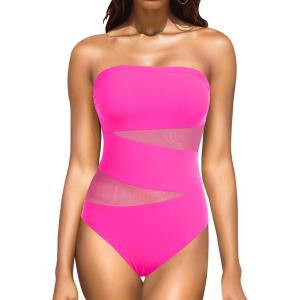 imageHolipick Women Strapless One Piece Swimsuit Tummy Control Bandeau Bathing Suit Mesh Cutout SwimwearHot Pink With Mesh